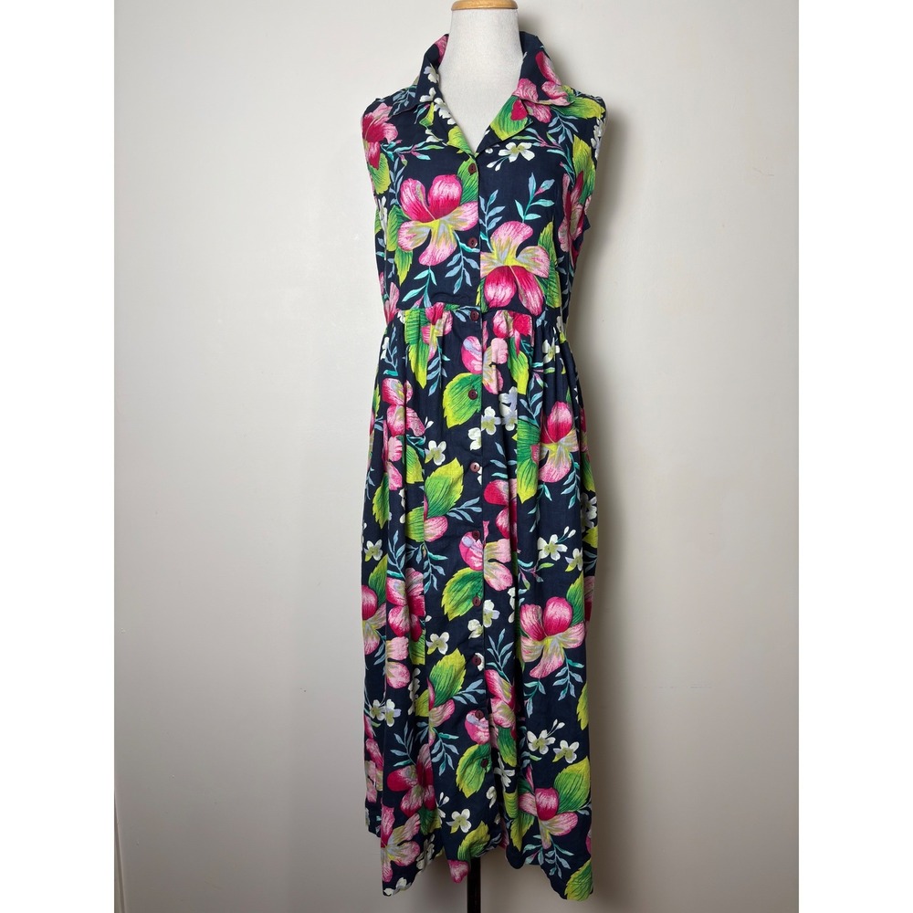 Saybury VTG Tropical Floral Cotton Midi Shirt Dress Sโ Retro Sleeveless Coastal